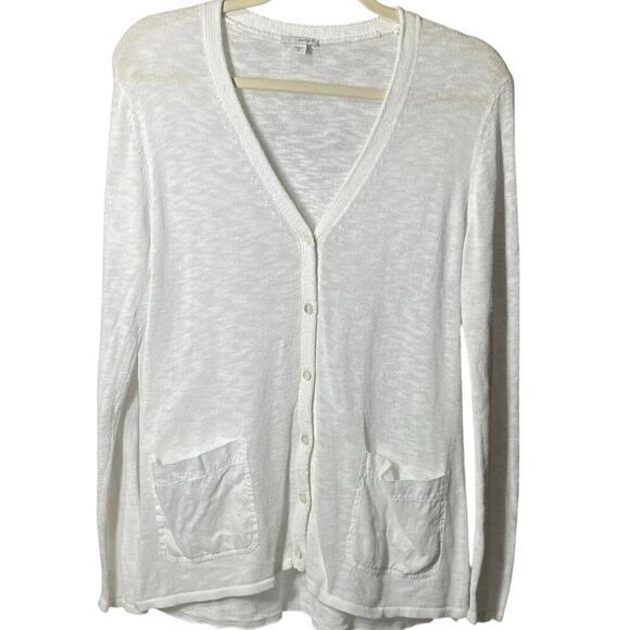 PUREJILL Women’s Cotton/Linen Cardigan, Buttoned Up, 2 Pkt, Long Slv, White, M. - Picture 1 of 11
